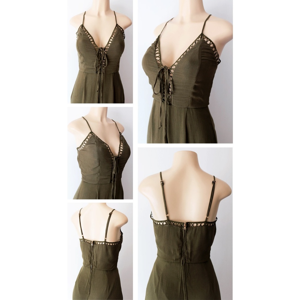 Last☝️Olive Laced Up V Neck Wide Leg Long Jumpsuit - Picture 4 of 8